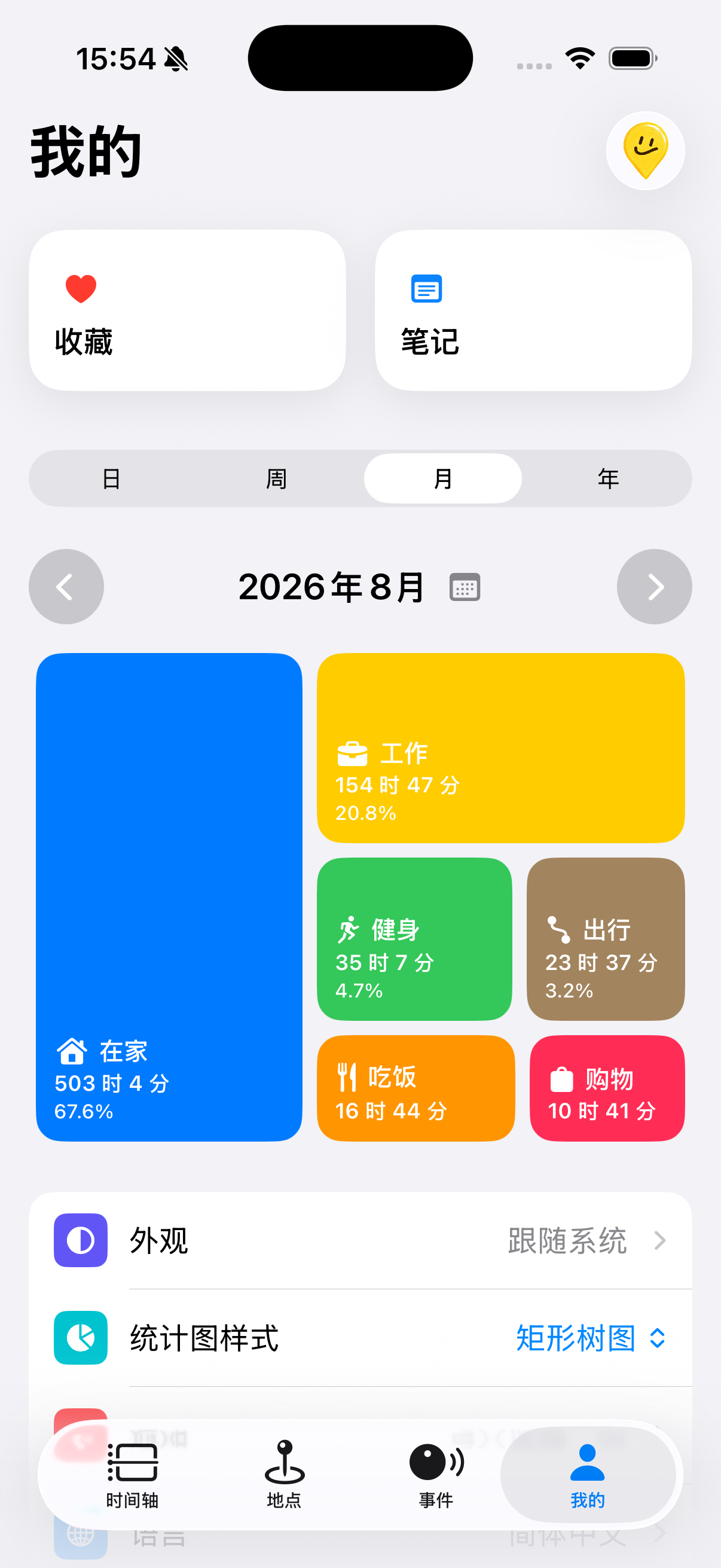 Tovia 中文我的页面，用矩形树图展示每月时间分布