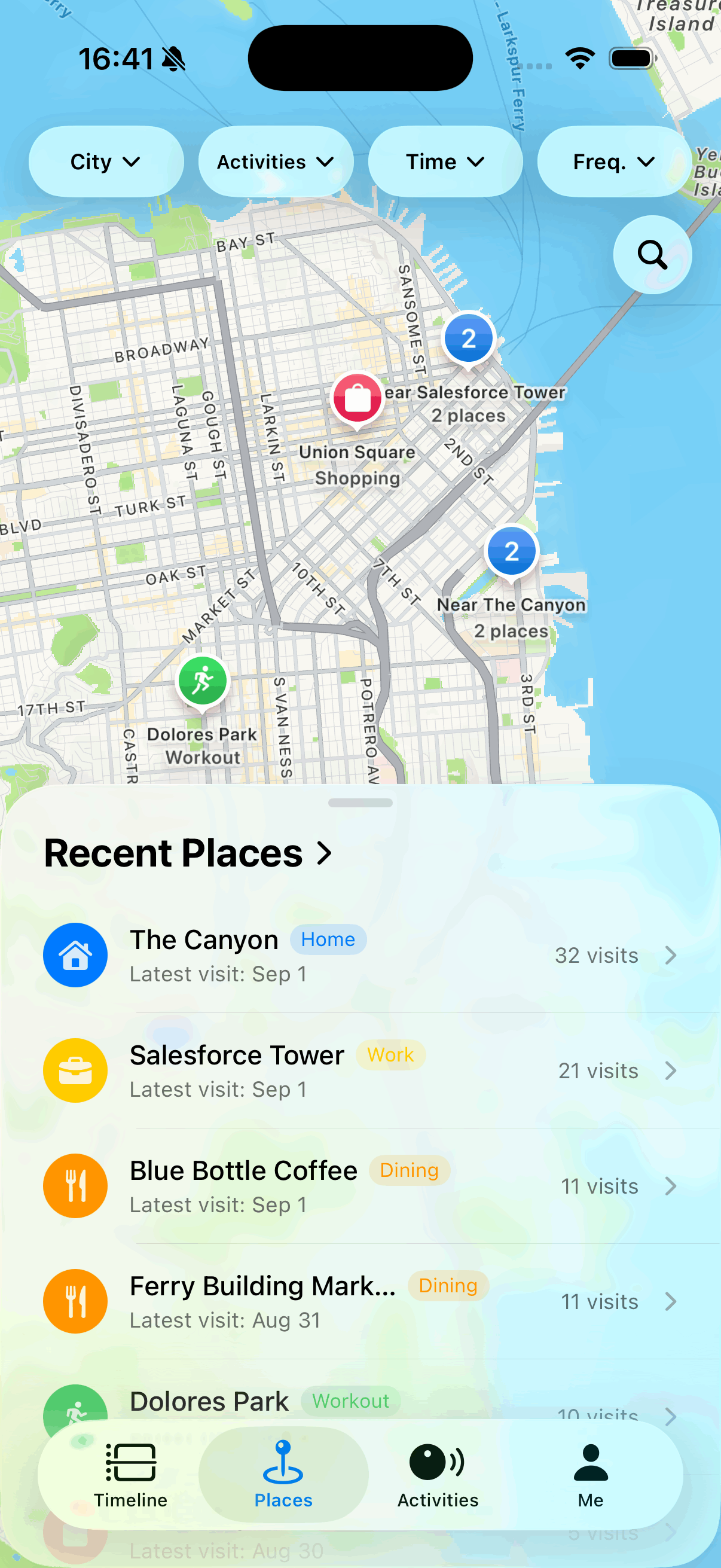 Tovia map of visited places around San Francisco with a recent places list