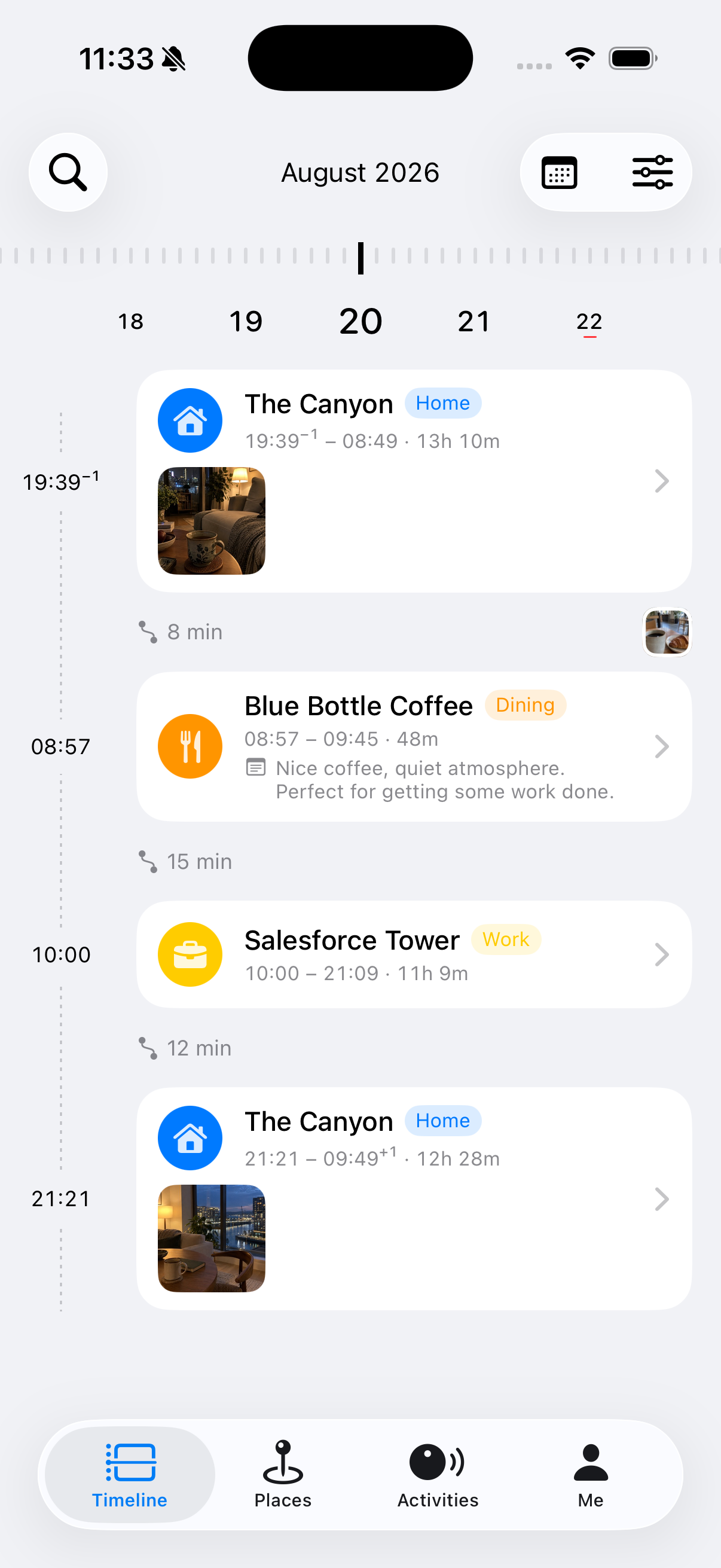 Tovia timeline showing a day from home to coffee, work, and back home